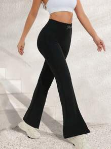 Yoga Legging Flare Pants With Letter High Waisted Hip Lifting Seamless Shape Wears Running Cycling Wide Leg Yoga High Stretchy Stretch Breathable Quick Drying Cooling Comfort Soft Basics Women Active Bottoms Solid Sports Trousers Workout Athletic Exercise Casual Outdoor Color Black