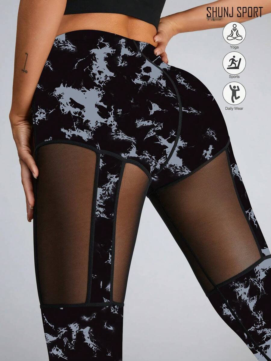 Women's Mesh Yoga Leggings, Hollow Net Quick Dry Tight Pants, Breathable Sportswear Trousers For Running Workout, Black Spring/Summer - Black and White - View 1