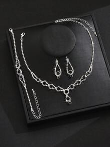 4 件套女士新娘首饰套装 - 项链、耳环、手链、几何图案、优雅、婚礼季节 - 黑色 - 查看 3