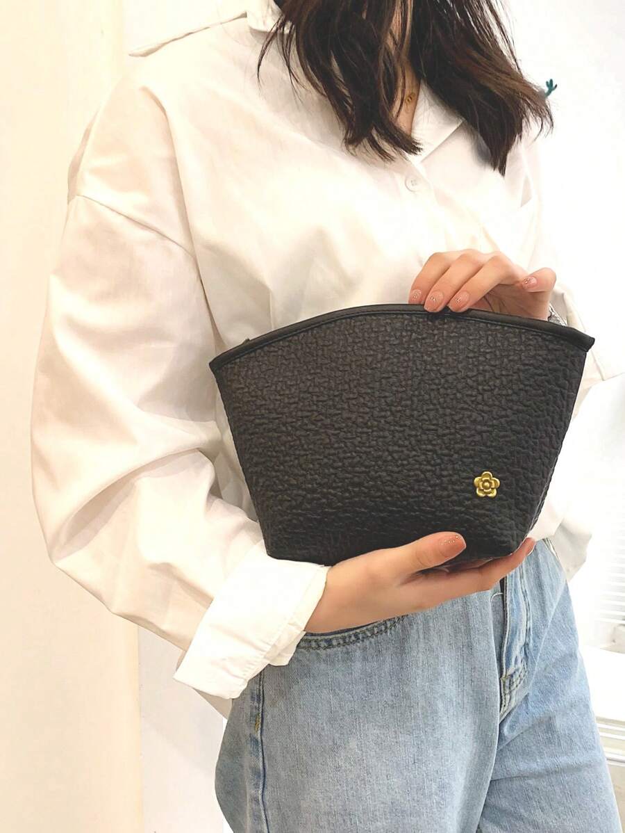 女士黑色 PU 皮革大容量多层花卉印花化妆包带金属装饰，复古风格户外旅行化妆包学校用品旅行必需品化妆包节日必需品化妆包化妆袋化妆品收纳袋节日冬季豹纹腊肠犬女士礼物 - 黑色 - 查看 1