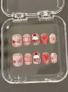 10 件可爱甜樱桃奶油顶迷你蛋糕美甲，粉色猫眼蝴蝶结，经典格子，手工制作，可重复使用指甲贴片按压式指甲美甲用品 - 彩色 - 查看 2