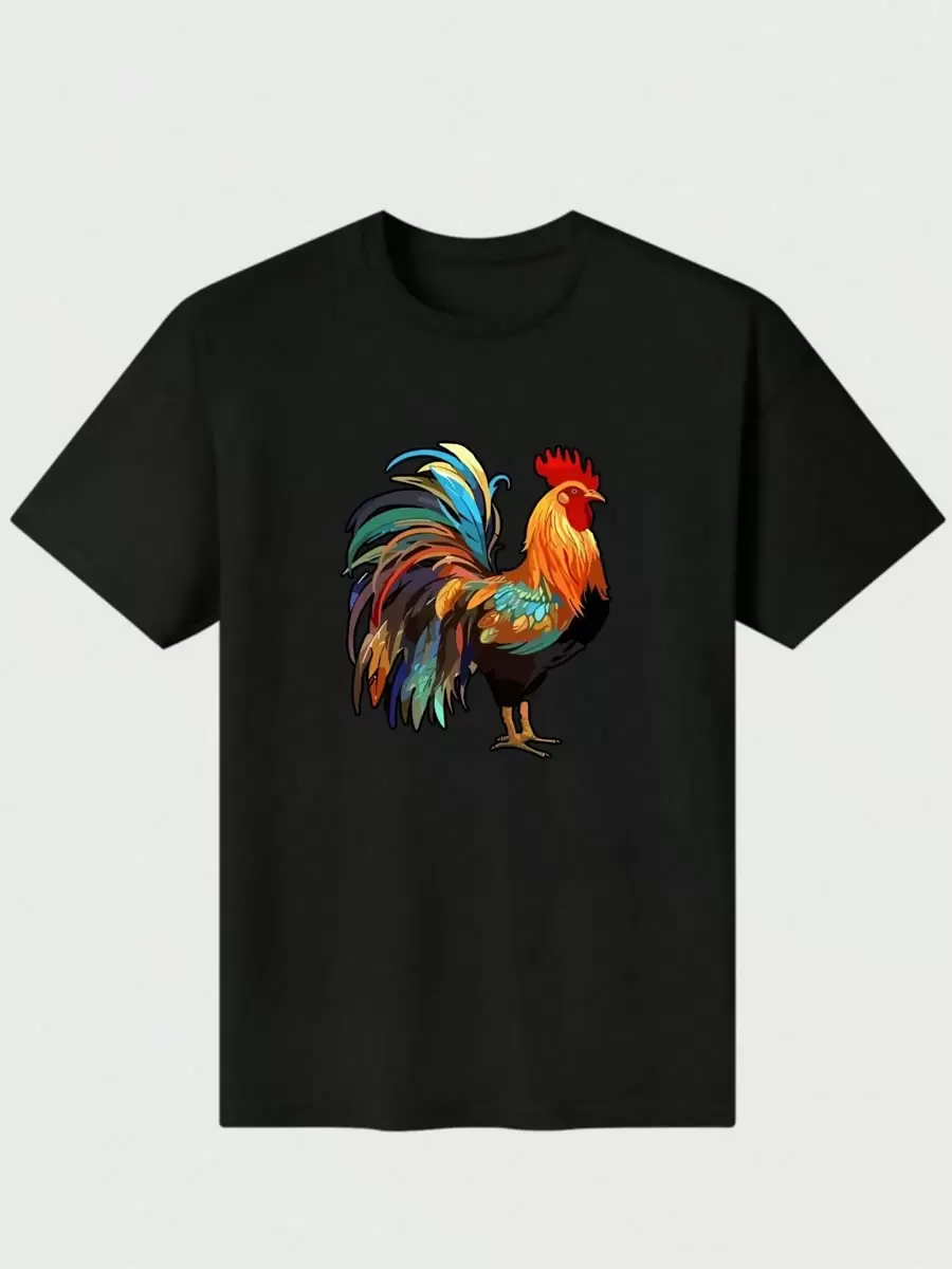 Camiseta casual de algodón pesado puro con estampa digital de gallo vintage, un regalo para amantes de los gallos - Negro - Ver 1