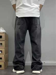 Teen Boys' Spring/Autumn American Style Black Washed Denim Jeans, Casual Straight Leg Pants - Black - View 3