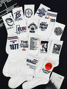 10 Pairs Random Assorted Men's Mid-Calf Socks With Letter & Numeral Personalized Design, Unisex Casual Sports Socks