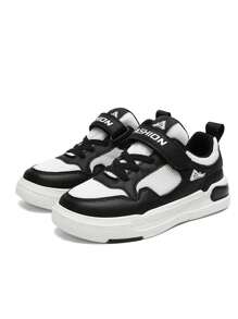 适合青少年男孩的轻便休闲运动鞋，学生风格，百搭，纯色，校园鞋，带可调节钩环设计，适合日常穿着，春秋季节 - 黑與白 - 查看 4