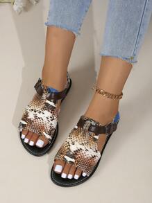 2025 New Premium Vintage Snake Print Comfortable Casual Open Toe Flat Sandals - Gold - View 2