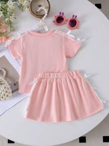 2pcs Baby/Baby Girl Cute Casual Pink Short Sleeve Top + Skirt Outfit Set, Lightweight Summer - Pink - View 2