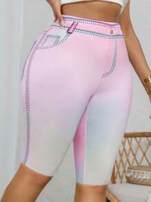 Plus Size Women's High Elasticity Skin-Tight Shorts, Whole Body Ombre Color Print Pattern, Lady's Casual Comfortable Fashion Knit Outdoor Sports Shorts - Pink - View 5