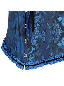 Women Tie Up Overbust Corset, Boned Ruffle Jacquard Bustier With Bow, Body Shaper - 藍白色 - 查看 4