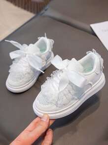 1 双女童夏季镂空网眼透气白色运动鞋，儿童公主运动休闲平底鞋 - 白色 - 查看 3