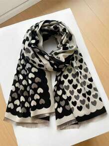 Elegant Minimalist All-Over Heart Pattern Jacquard Imitation Cashmere Warm Scarf For Women, Fashionable & Versatile Daily Accessory, Casual Air Conditioning Shawl, Polyester, All Season