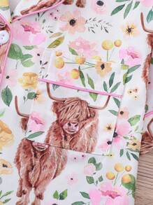 Conjunto de pijama de 2 piezas para mujer con estampado de animales lindos y flores, top con cuello y manga corta, y shorts de cintura elástica, ropa de dormir y de estar por casa casual para todas las estaciones - Blanco - Ver 6