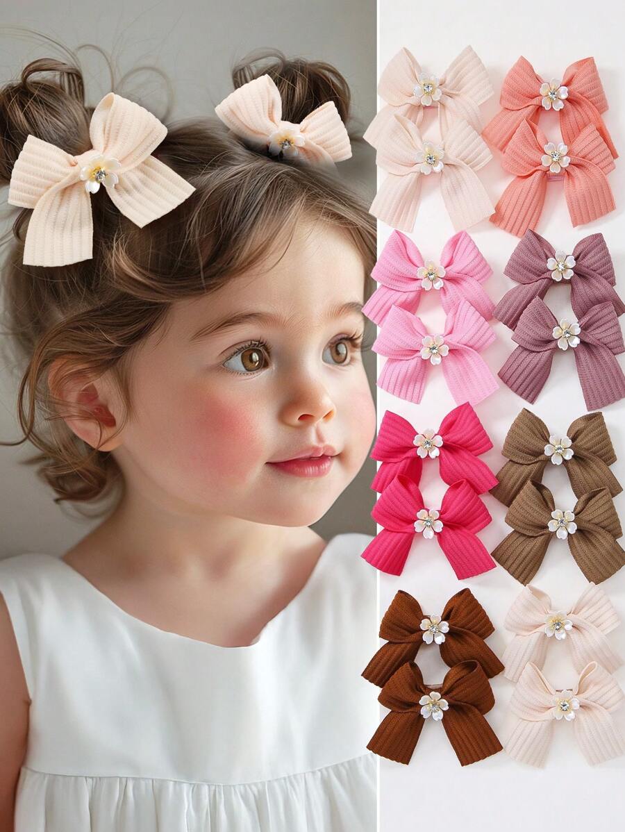 14pcs/Set Girls Rhinestone & Pearl Flower Solid Color Mesh Bow Hair Clips, Simple Princess Cute Hair Accessories, Daily Use - Multicolor - View 1