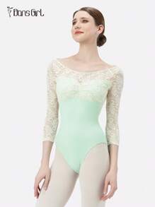 DonsGirl 女士七分袖蕾丝拼接芭蕾舞紧身衣，适合返校演出