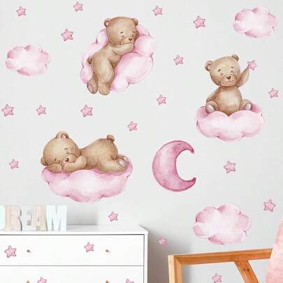 Cartoon Adorable Bear And Stars Pattern PVC Wall Sticker For Kids' Room, Bedroom, Living Room, Hallway Decoration, Self-Adhesive, Decal For Home Decor, Stickers, Wall Decal, Vinyl Decal For Home Decorations, Spring Decoration Items Refresh Your Home, Rama Decoration Stickers
