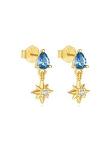 1 Par de pendientes de plata de ley 925 con estrella de ocho puntas y circonita azul para mujer, joyería clásica y minimalista para boda, fiesta y novia