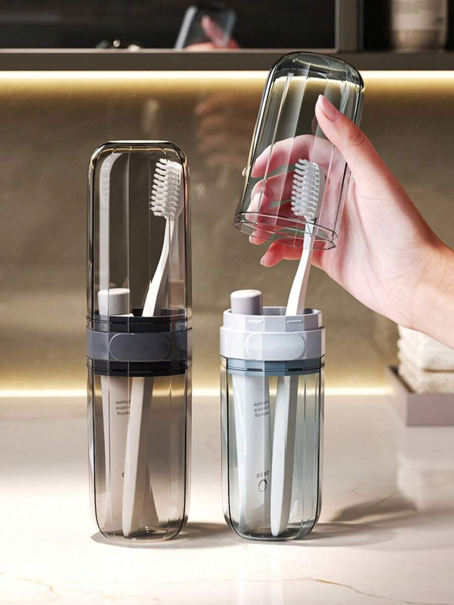 1pc Compact Transparent Travel Toothbrush & Mouthwash Cup Set - Space-Saving Design For On-The-Go Hygiene Bathroom Decor Summer - Multicolor - View 1