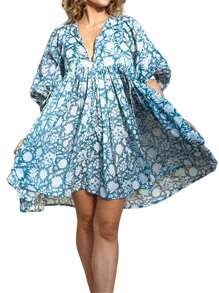 Women Mini Dress, Half Sleeve Lacing Flower Print Pleated Loose Summer Dress For Casual Daily - 藍色 - 查看 2