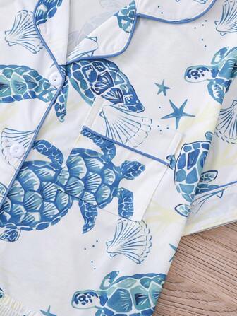 2pcs/Set Cute Ocean Theme Sea Turtle Printed Women Pajamas Set, Short Sleeve Collared Top & Relaxed Elastic Waist Shorts, Casual Sleepwear Loungewear, All Seasons, Two Pieces Set