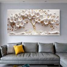1pc, Botanical Posters, 2D Flat White Flower Tree Wall Arts, Golden Tree Landscape Decorative Painting, Golden Tree Of Life Canvas Painting, For Office, Bedroom, Kitchen, Living Room, Wall Decor, No Frame