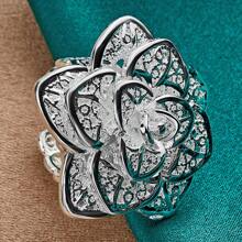 Silver Plating Big Rose Flower Ring For Women Wedding Charm Engagement Party Fashion Jewelry
