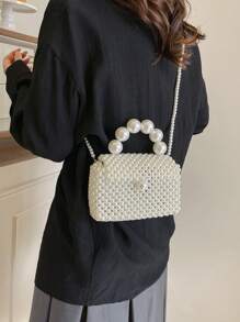 1pc Mini Elegant Faux Pearl Hand-Woven Shoulder Handbag, Crossbody Phone Purse, Suitable For Women Daily Use & Dates, Gift