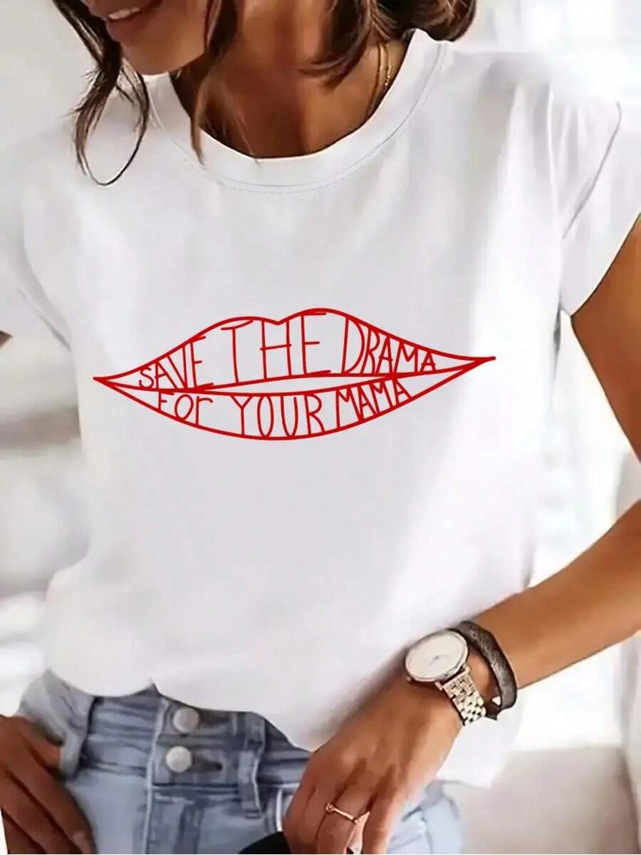 Women'S Casual Crew Neck T-Shirt, 100% Cotton, "Save The Drama For Your Mama" Letter Print, Regular Length - All Seasons 100% Cotton - 白色 - 查看 1