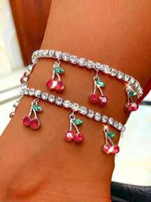 1pc Fashion Bling Crystal Rhinestone Tennis Chain Cherry Anklet For Women Summer Daily Wear - Multicolor - View 1