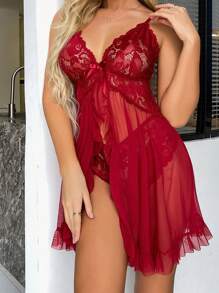 2 piezas Camisolas de encaje con escote en V sexy para mujer, ropa de dormir, lencería, rave