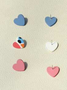3 Pairs Acrylic Glazed Printed Heart Earrings, Romantic For Girls, Blue And Pink