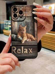 1pc Stylish Cute Cat Pattern Camera Full Protective Shockproof Mobile Phone Case, Minimalist Design Compatible With IPhone//OPPO/Vivo/Redmi/ Series - Black - View 1