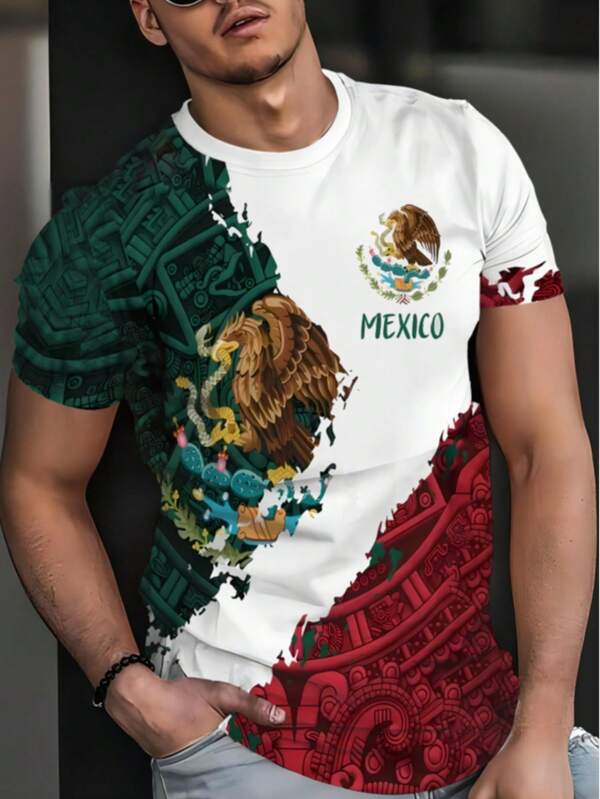 Camiseta de hombre con estampado 3D de águila contrastante, camiseta de cuello redondo de manga corta casual, ropa de hombre de verano para exteriores