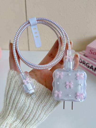 5pcs Small Light Pink Bow And White Faux Pearls Design Mobile Phone Charger Set 20W/18W, Charging Cable Protection Rope, Charging Head Protection Case, Compatible With IPhone Charger Cable Protector, Charger Protector
