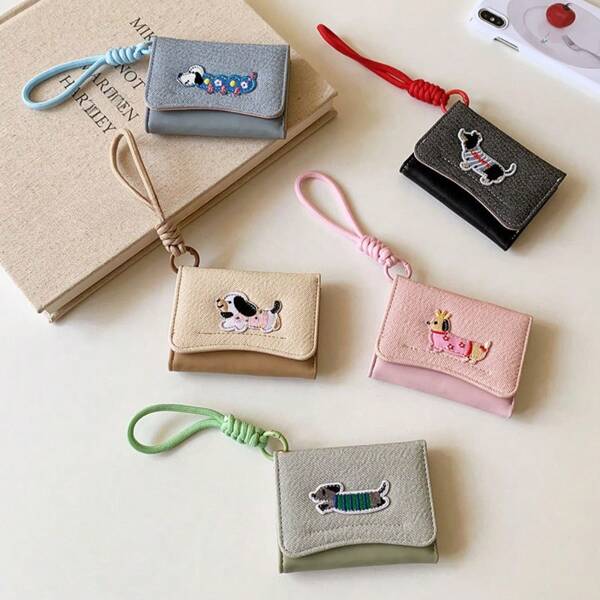1 Peça Carteira Dobrável Curta de Mulher com Estampa de Cachorro, Botão de Cobertura, Alça, Múltiplos Slots para Cartão e Porta-Moedas, Pequena, Fofa, Bolsa de Pulso