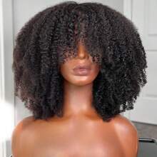 Afro Kinky Curly Wig With Bangs Human Hair For Women 250% Density Brazilian Virgin Short Curly Hair Wigs Full Machine Made Scalp Top Glueless Wig Human Hair Natural Black