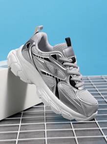1 Pair Lightweight Youth Casual Sneakers, Breathable Mesh Upper, Fashion Color Matching, Daily Wear Lace-Up Low Top, Shock Absorbing Cap Toe, Sports Shoe For Campus Students