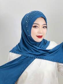 1pc Arabian Style Headwrap, Malaysian New Design, Solid Color Pearled Chin Cover, Convenient Hijab, Striped Long Shawl Hijab, Fashionable Headscarf For Girl, Handcrafted Chain Decorated Headwrap