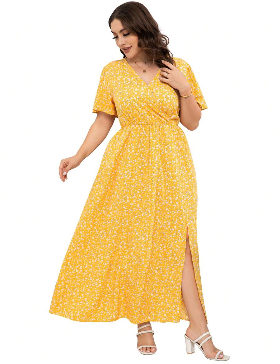GoyRrbay Womens Plus Size Summer Dresses Short Sleeve Wrap V Neck Floral Formal Maxi Wedding Guest Long Dress With Belt XL-5XL - 黃色 - 查看 1