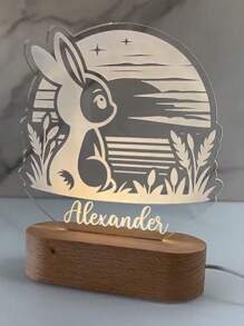 1 pieza Luz de noche personalizada con conejo LED - Placa de foto de conejito personalizada con Spotify, con base de madera 3D y acrílico, regalo romántico de señal luminosa para decoración de pared, dormitorio, habitación de niños, oficina en casa, para Pascua/Aniversario/Inauguración de la casa/Cumpleaños/Navidad/Acción de Gracias/Halloween