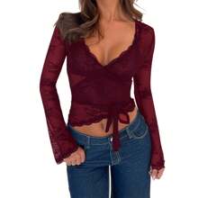 Women's Lace Crop Tops Casual Long Sleeve Deep V Neck Cross Wrap T-Shirts Basic Blouses - Đỏ - Xem 3