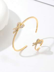 1Set Versatile Bow-Knot Rhinestone Bracelet & Ring Set, Luxurious Gift For Women