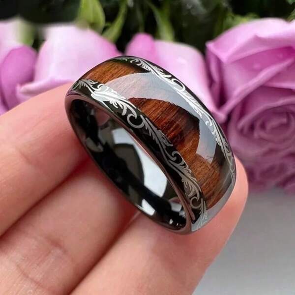 1 Fashionable 8mm Stainless Steel Ring, Unisex Single Ring, Wood Grain Inlaid Contour Design With Floral Carving, Suitable As An Accessory For Couples To Wear