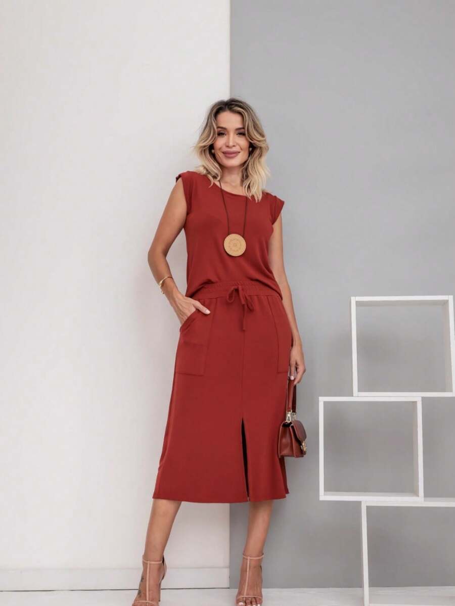 Women's Premium Fleece Midi Skirt Set - 屋頂的瓦片 - 查看 1
