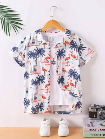 男童休闲热带棕榈树印花短袖衬衫，适合幼儿和大童的夏季度假装