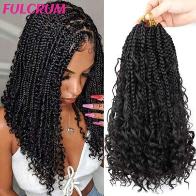 FULCRUM 12/14/18/22/24 Inch Goddess Boho Box Braids Crochet Hair Bohemian Box Braids With Curly Ends Synthetic Black Braiding Hair For Women & Girls