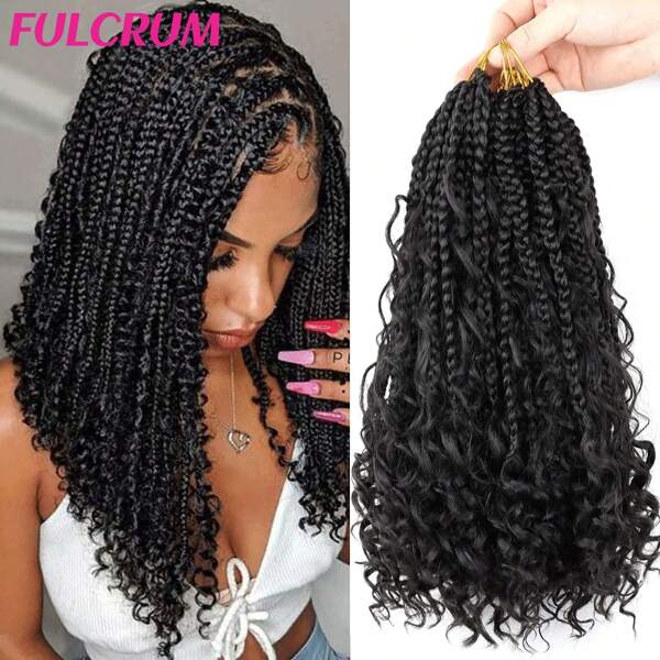 FULCRUM 12/14/18/22/24 Inch Goddess Boho Box Braids Crochet Hair Bohemian Box Braids With Curly Ends Synthetic Black Braiding Hair For Women & Girls