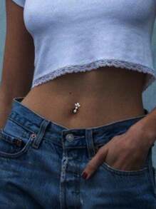 1PC 925 Sterling Silver Belly Button Rings For Women Three Leaf Cubic Zirconia Belly Rings Clear CZ Navel Rings Piercing - Navel Nails - View 3