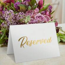 Tarjetas de reserva con estampado de lámina minimalista blanca para bodas, fiestas, restaurantes - Señal de reserva de mesa y sillas con doble cara en color dorado - Tarjetas de reserva de mesa de papel blanco - Accesorios para bodas - Tarjetas de eventos