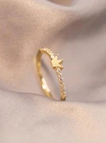 1 pieza de anillo sencillo y de moda con corona de color amarillo dorado de cobre con zirconia, personalizado y versátil para uso diario, delicado y elegante, joyería para mujer
