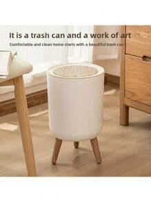 1 个圆柱形塑料垃圾桶，带按开盖，适用于办公室、厨房、浴室、卧室，无需电力，顶部易于打开 - 白色 - 查看 4
